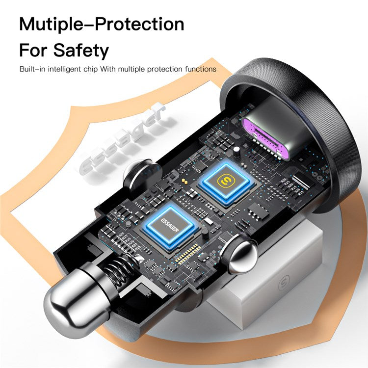 ESSAGER 30W Mini Car Charger USB-A + Type-C Dual Port Fast Charger for iPhone 12/13 - Blue