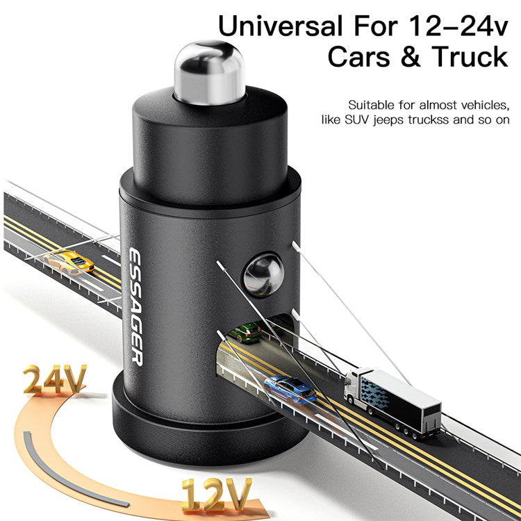 ESSAGER 30W Mini Car Charger USB-A + Type-C Dual Port Fast Charger for iPhone 12/13 - Blue