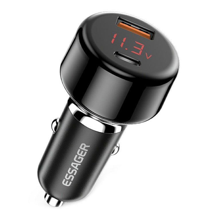 ESSAGER 65W Car Charger USB-A + Type-C Dual Port Car Charger Adapter with Digital Display Compatible with Huawei, Samsung, Xiaomi - Black