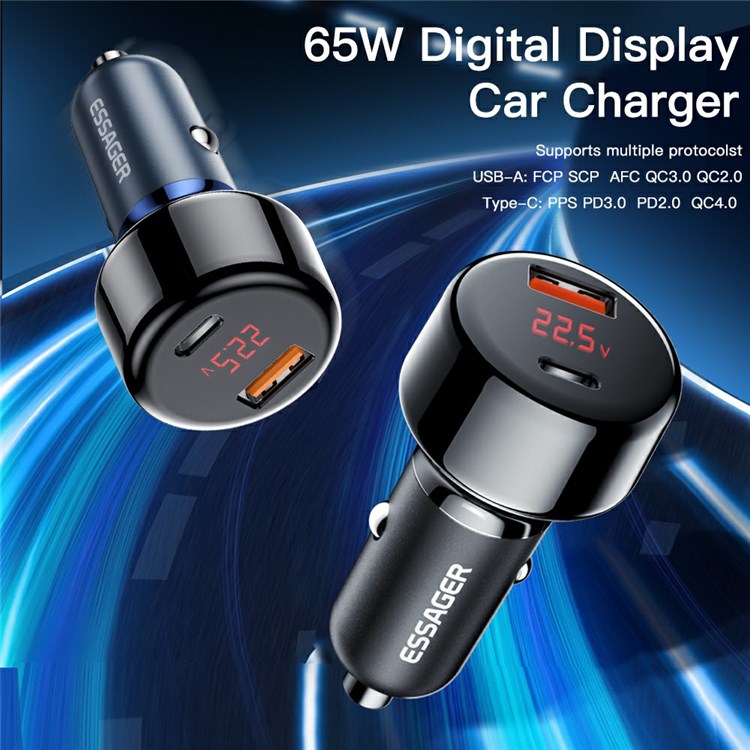 ESSAGER 65W Car Charger USB-A + Type-C Dual Port Car Charger Adapter with Digital Display Compatible with Huawei, Samsung, Xiaomi - Black