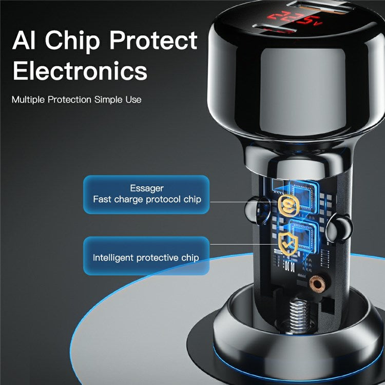 ESSAGER 65W Car Charger USB-A + Type-C Dual Port Car Charger Adapter with Digital Display Compatible with Huawei, Samsung, Xiaomi - Black