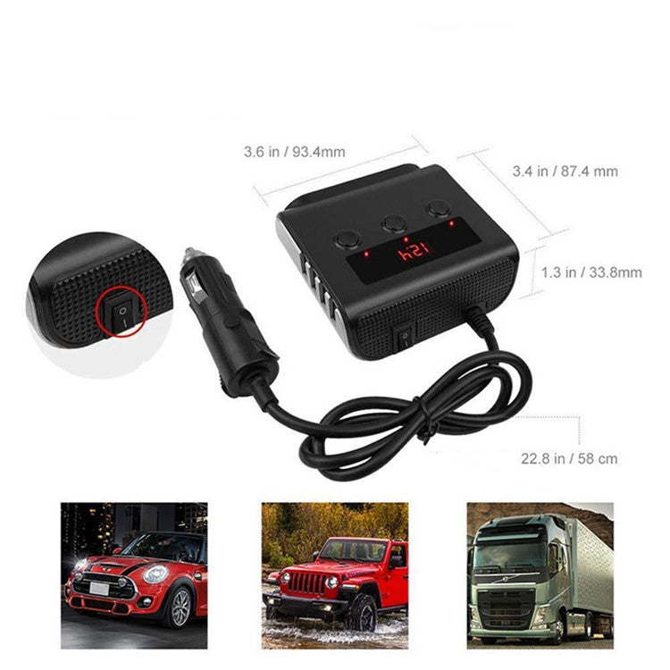 TR12 100W 4 USB Ports Car Charger LED Display Voltage Detection 3 Cigarette Lighter Sockets Charging Adapter