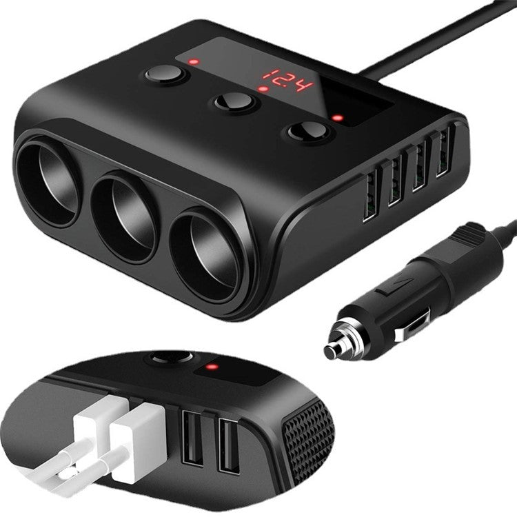 TR12 100W 4 USB Ports Car Charger LED Display Voltage Detection 3 Cigarette Lighter Sockets Charging Adapter