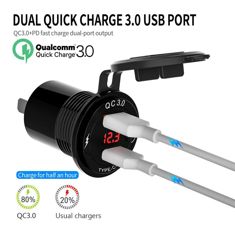 ZH-1427B1 QC3.0 USB+Type C PD 20W Car Charger Fast Charging Plug Adapter with Digital Display Screen