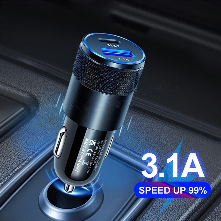 15W 3.1A USB+PD Type-C Port Mini Car Charger Aluminum Alloy Phone Fast Charging Adapter - Black