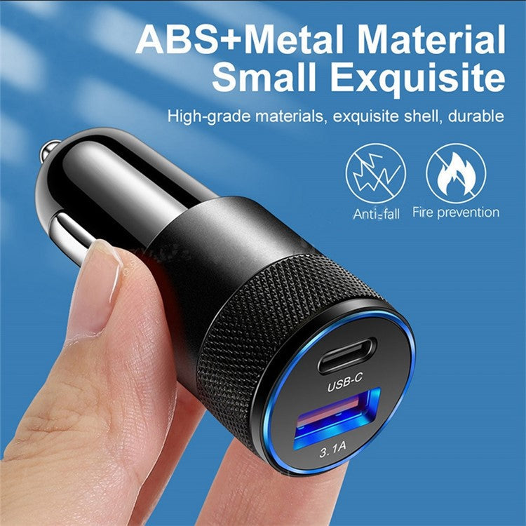 15W 3.1A USB+PD Type-C Port Mini Car Charger Aluminum Alloy Phone Fast Charging Adapter - Black