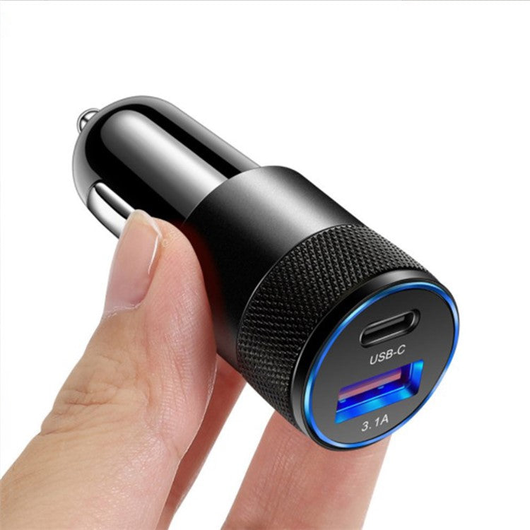 15W 3.1A USB+PD Type-C Port Mini Car Charger Aluminum Alloy Phone Fast Charging Adapter - Black