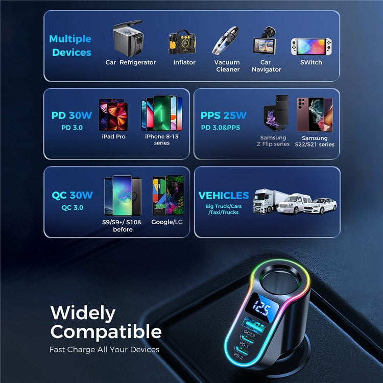 JOYROOM JR-CL21 150W Fast Charger QC+PD 4 in 1 USB+Type-C Cigarette Lighter Charger with LED Digital Display