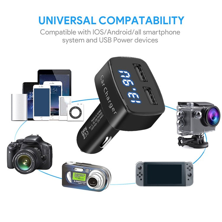 4 in 1 Car Charger Dual USB Port with Digital Display Voltage / Temperature / Current Meter Tester Adapter - Black / Blue LED