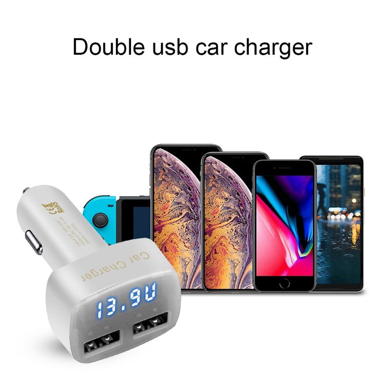 4 in 1 Car Charger Dual USB Port with Digital Display Voltage / Temperature / Current Meter Tester Adapter - Black / Blue LED