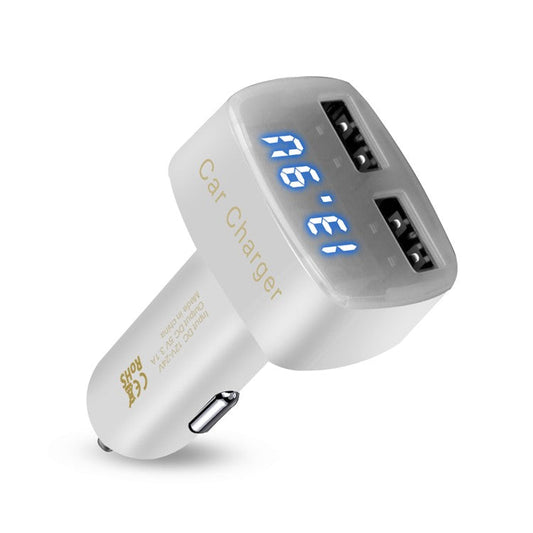 4 in 1 Car Charger Dual USB Port with Digital Display Voltage / Temperature / Current Meter Tester Adapter - White / Blue LED
