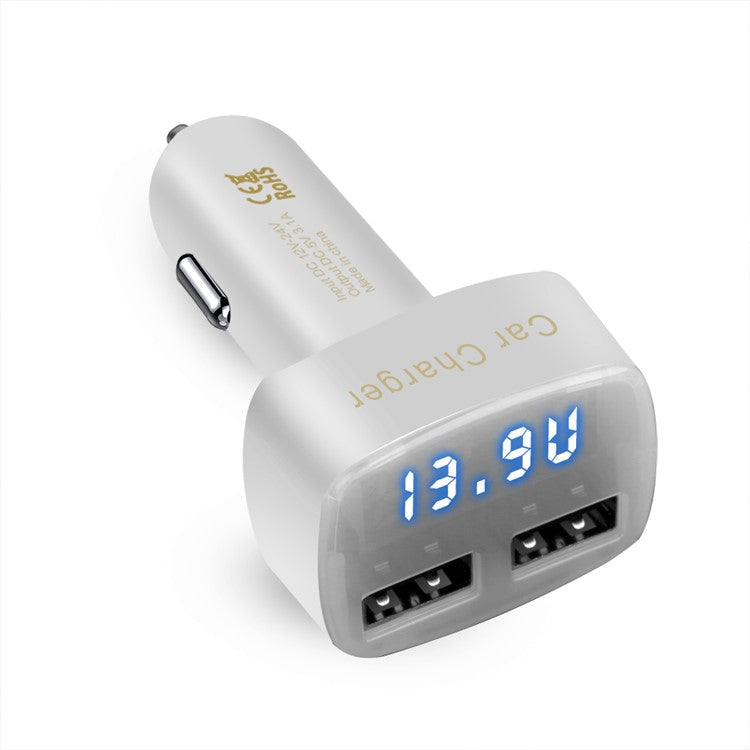 4 in 1 Car Charger Dual USB Port with Digital Display Voltage / Temperature / Current Meter Tester Adapter - White / Blue LED