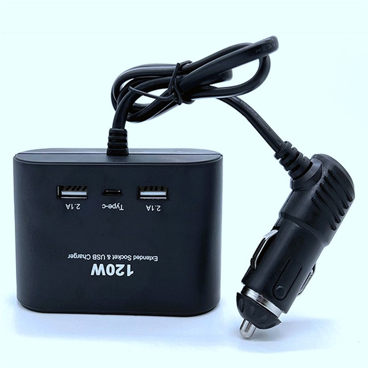 1653 120W Dual USB + 1 Type-C Port Car Charger 3 Cigarette Lighter Sockets Charging Adapter