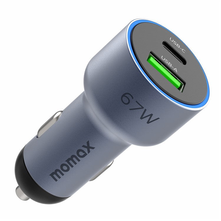 MOMAX UC16 67W Dual-Port Car Charger USB+Type-C PD3.0 Fast Charging Universal Charging Station Cell Phone Mini Charger - Space Grey