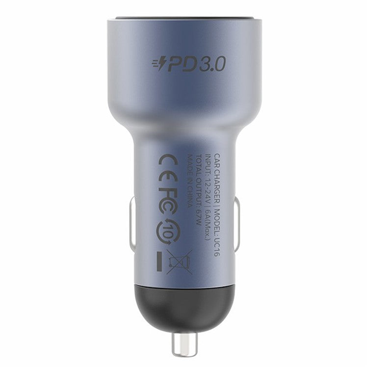 MOMAX UC16 67W Dual-Port Car Charger USB+Type-C PD3.0 Fast Charging Universal Charging Station Cell Phone Mini Charger - Space Grey