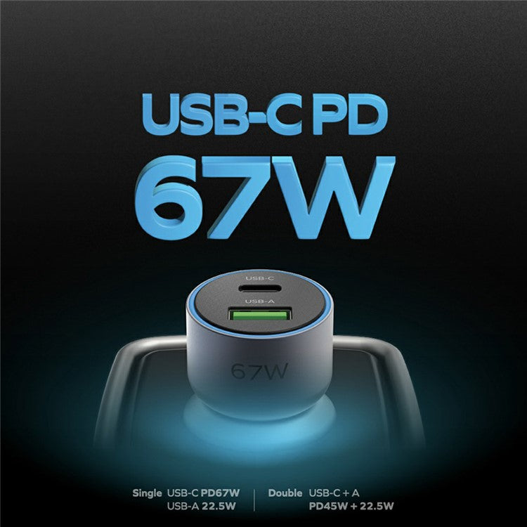 MOMAX UC16 67W Dual-Port Car Charger USB+Type-C PD3.0 Fast Charging Universal Charging Station Cell Phone Mini Charger - Space Grey