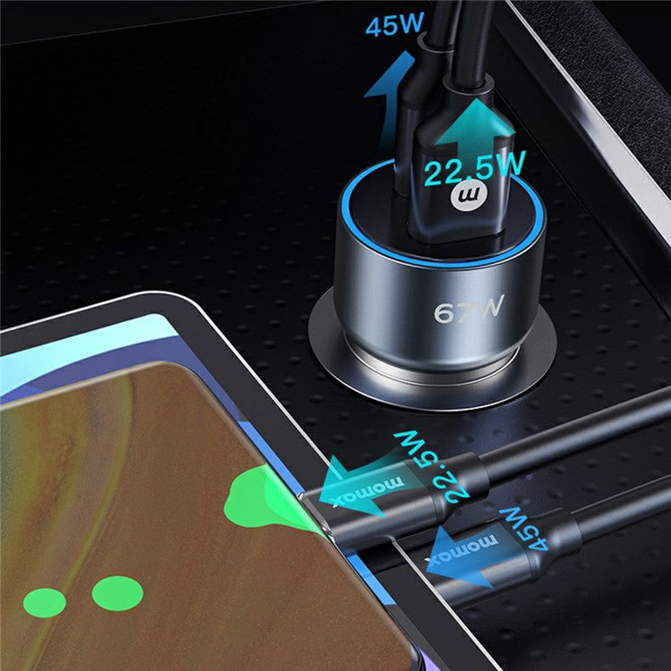 MOMAX UC16 67W Dual-Port Car Charger USB+Type-C PD3.0 Fast Charging Universal Charging Station Cell Phone Mini Charger - Space Grey