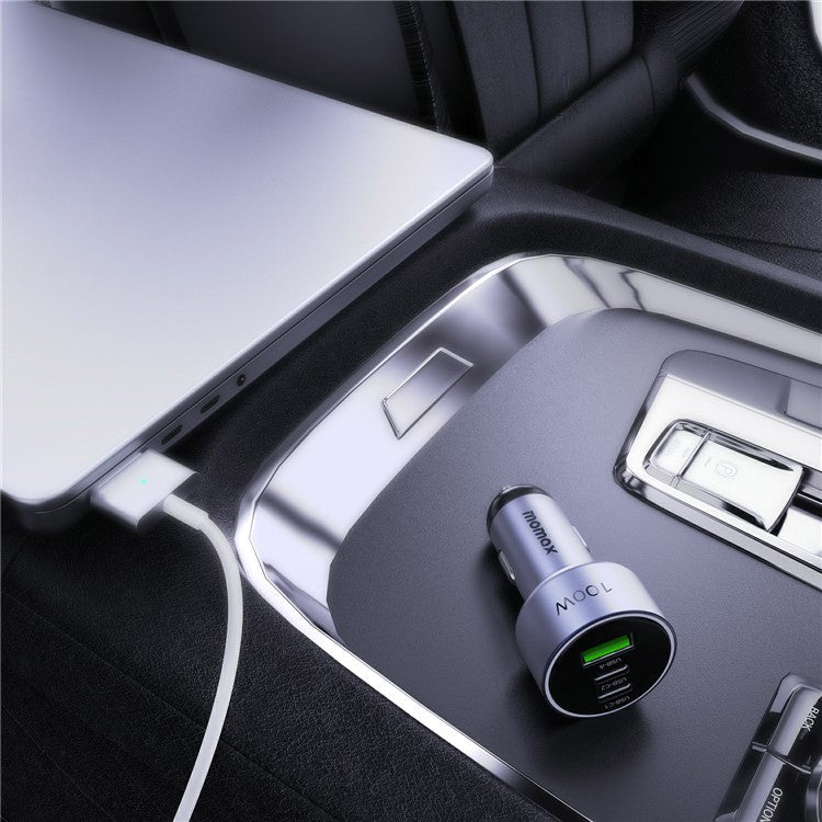 MOMAX UC17 100W 3-Port Car Charger for Cell Phone / Laptop / Camera, USB+2xType-C Phone Mini Charger Charging Universal Vehicle Charging Station - Space Grey