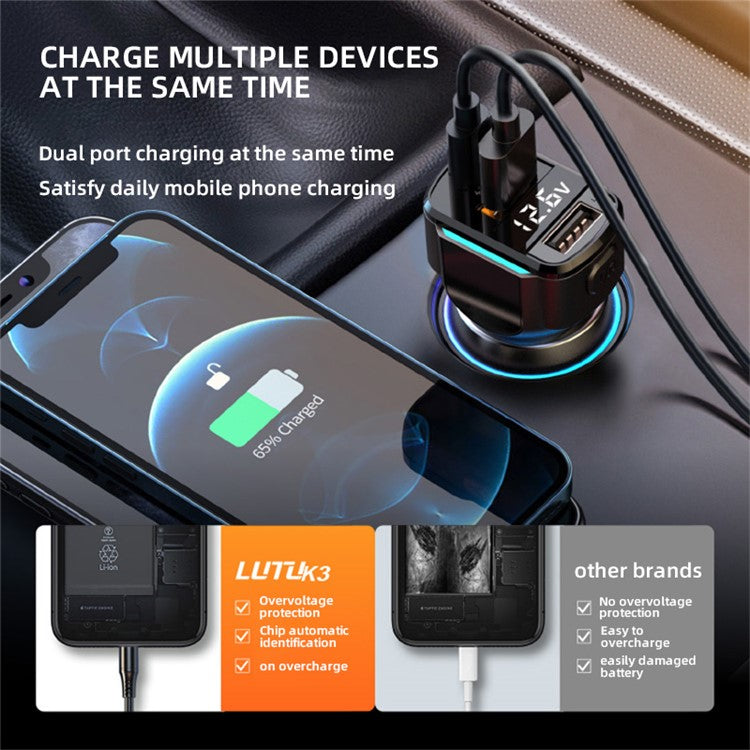 K3 PD 36 / 65W Fast Charging Type-C + USB Dual Port Car Charger Intelligent Digital Display Charging Adapter