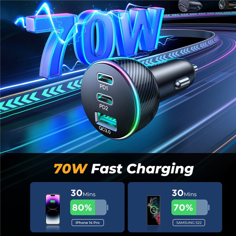 JOYROOM JR-CL26 3 Ports (2PD+1USB) Car Charger QC3.0+PD3.0 70W Fast Charging Phone Charger Adapter with Colorful LED Light
