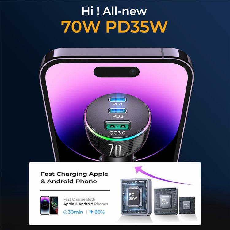 JOYROOM JR-CL26 3 Ports (2PD+1USB) Car Charger QC3.0+PD3.0 70W Fast Charging Phone Charger Adapter with Colorful LED Light