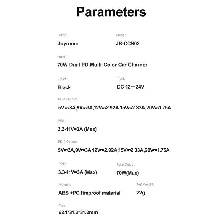 JOYROOM CCN02 70W Dual PD Car Charger Colorful Button Switch Cigarette Lighter Charger