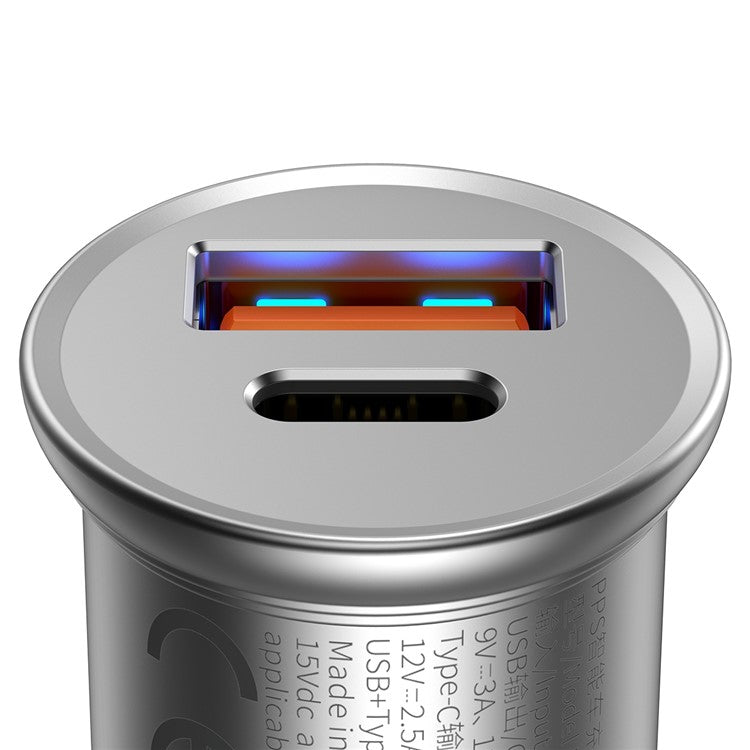 BASEUS Aluminum Alloy USB-A + Type-C 30W PPS Fast Charging Adapter Car Charger - Silver