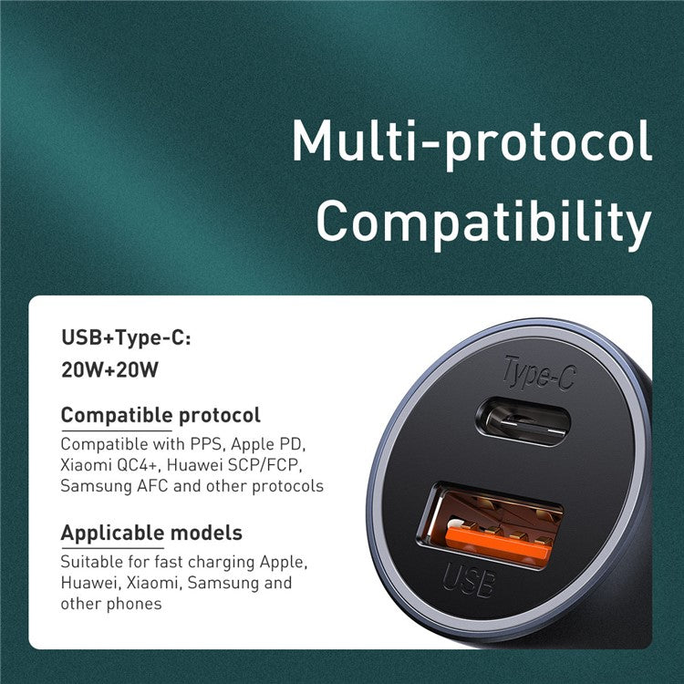 BASEUS Golden Contactor Pro Dual Ports Phone Quick Charging Car Charger USB+Type-C 40W Adapter with Type-C to iP Cable - Dark Grey