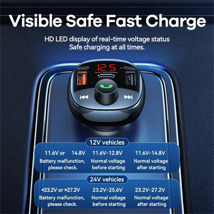 REMAX RCC331 LODI Series Multifunctional Car Charger 54.5W High Power 2 USB-A + 1 Type-C FM Radio