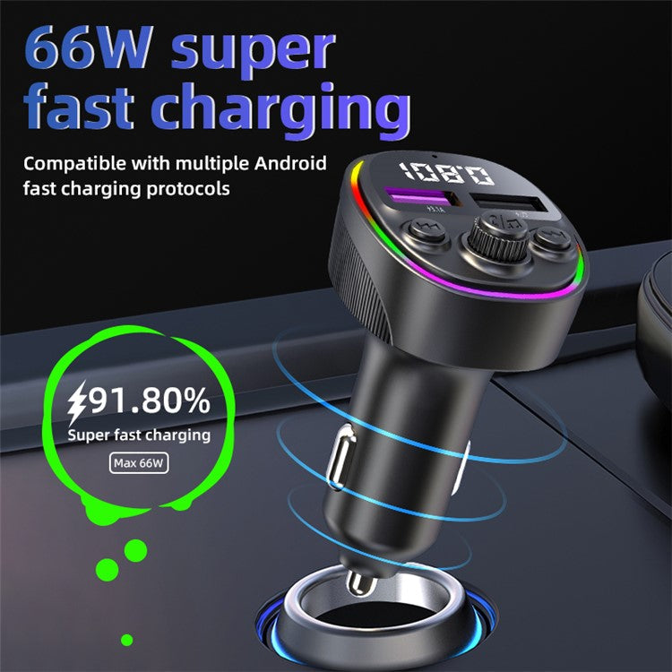 CS2 Dual USB 66W Super Fast Car Charger Digital Display Car Charger with MP3 Player Bluetooth FM Transmitter