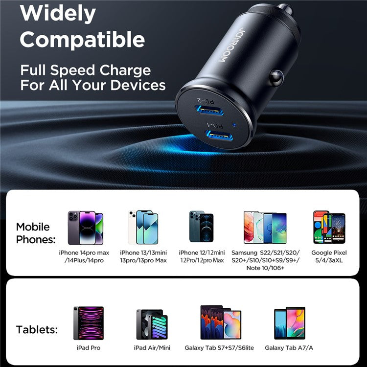 JOYROOM CCN06 Mini 30W Dual Type-C Ports Aluminum Alloy Car Charger Phone PD Fast Charging Adapter