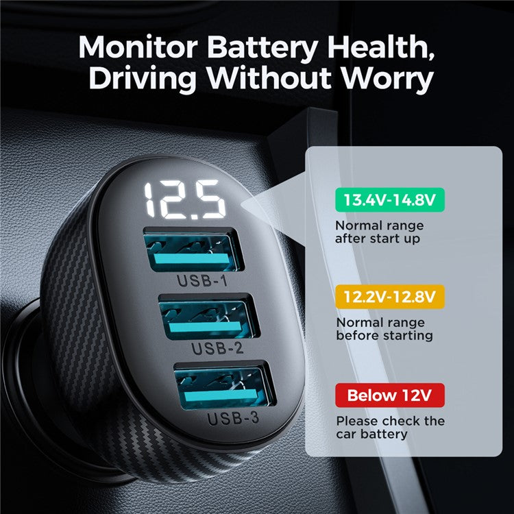 JOYROOM CCD03 3.4A 3 USB Ports Phone Fast Charging Adapter PC+ABS Voltage Digital Display Car Charger
