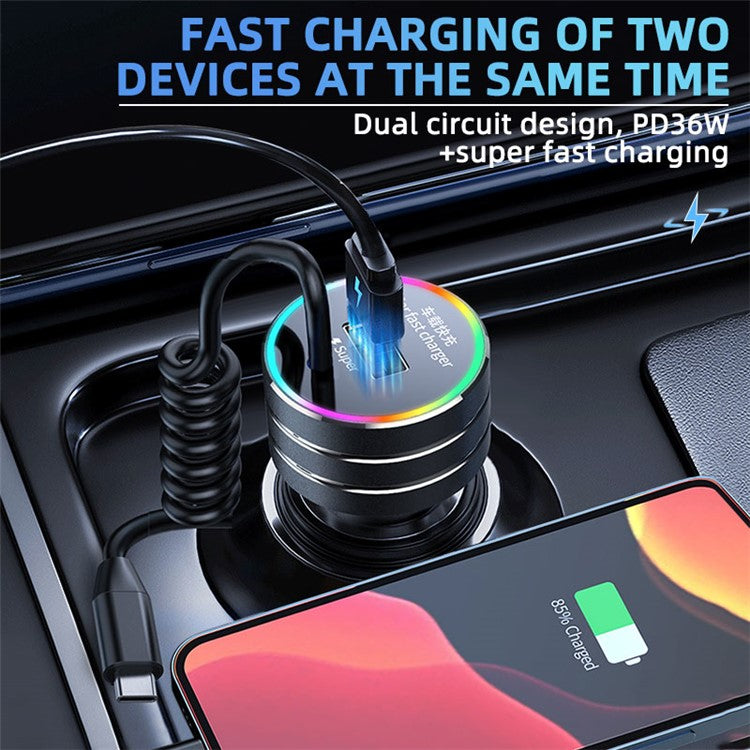 K13 USB Car Charger QC3.0 Fast Charging Adapter with Type-C Spring Cable for 12-24V Vehicles