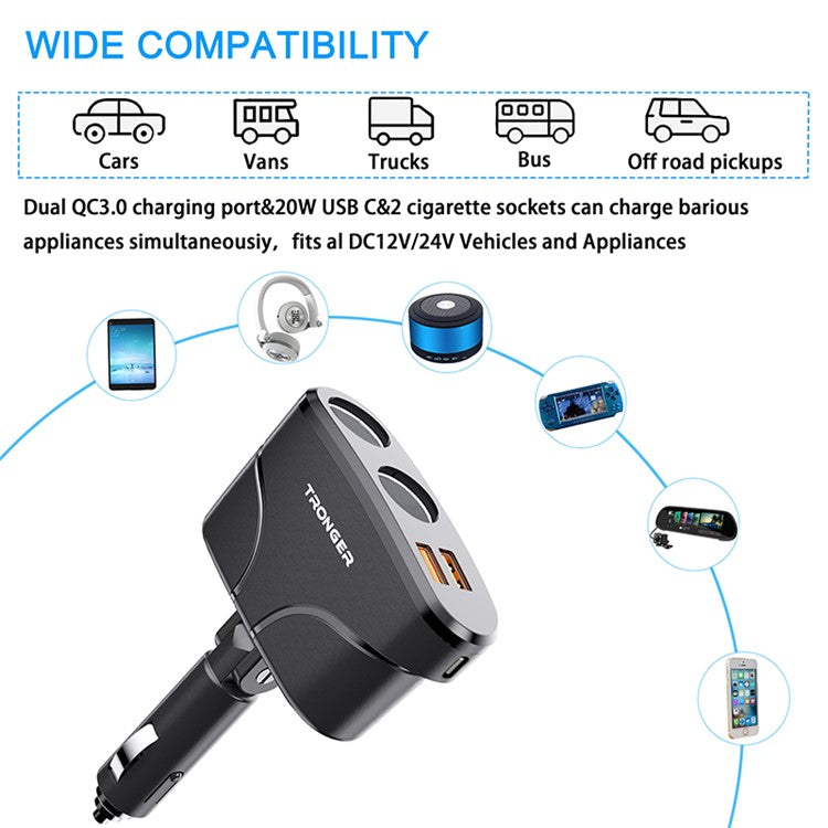 TR-35 PD Fast Charging Car Charger Type-C + Dual USB QC 3.0 Charger with Dual Cigarette Lighter Sockets