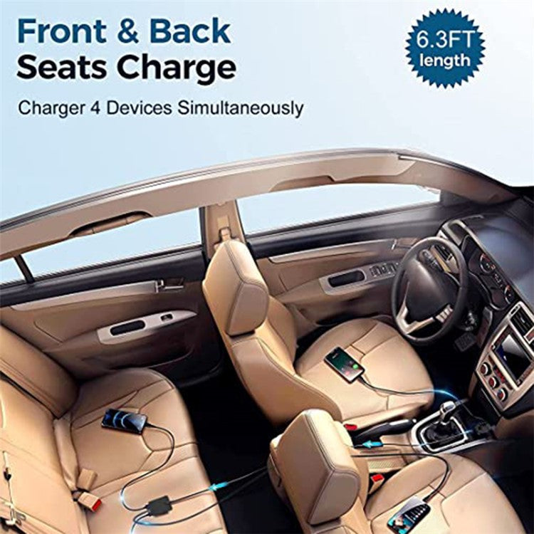 TR-43 PD 18W Fast Charging Car Charger 3 USB + Type-C 2m Extention Charger Adapter for Back Seat