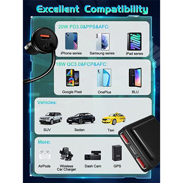 TR-43 PD 18W Fast Charging Car Charger 3 USB + Type-C 2m Extention Charger Adapter for Back Seat