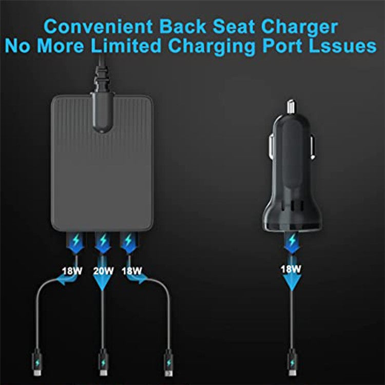TR-43 PD 18W Fast Charging Car Charger 3 USB + Type-C 2m Extention Charger Adapter for Back Seat