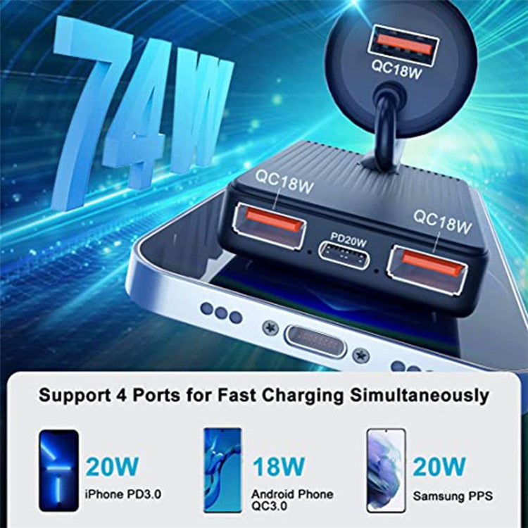 TR-43 PD 18W Fast Charging Car Charger 3 USB + Type-C 2m Extention Charger Adapter for Back Seat