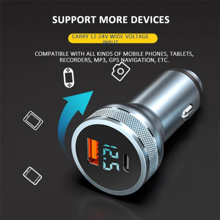 Aluminum Alloy Fast Charging Adapter USB 18W + Type-C PD 20W Mini Car Charger with Digital Display