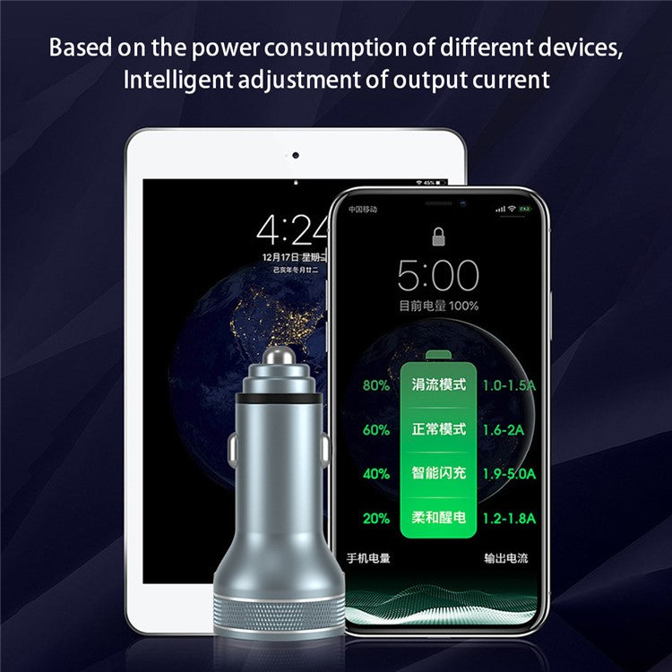 Aluminum Alloy Fast Charging Adapter USB 18W + Type-C PD 20W Mini Car Charger with Digital Display