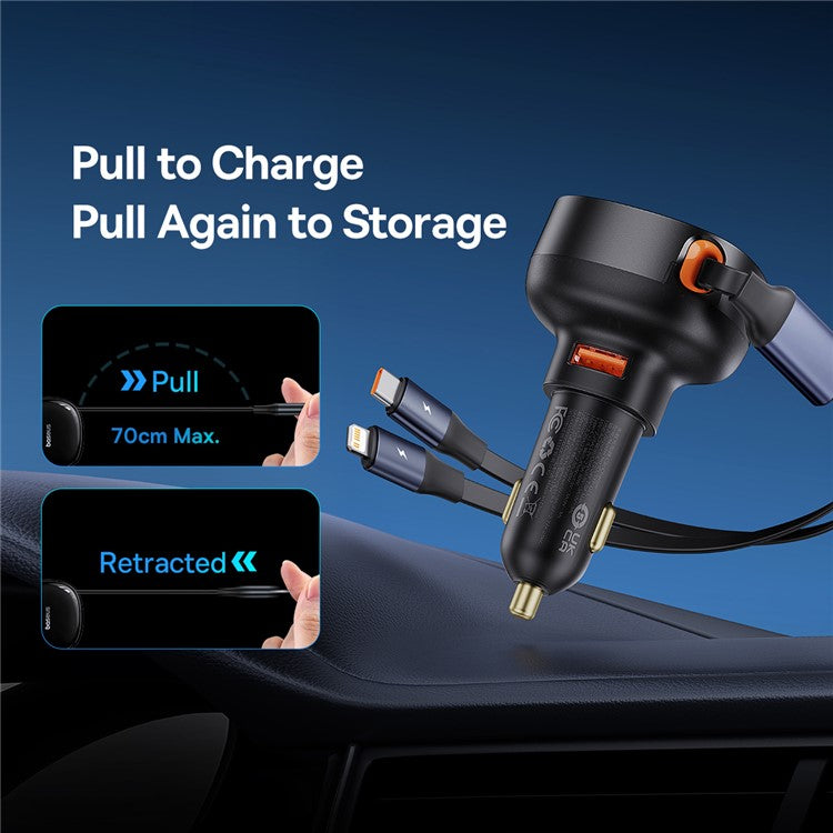 BASEUS Enjoyment Pro 60W Car Charger USB Port Adapter with Type-C + iP Retractable Cable - Black