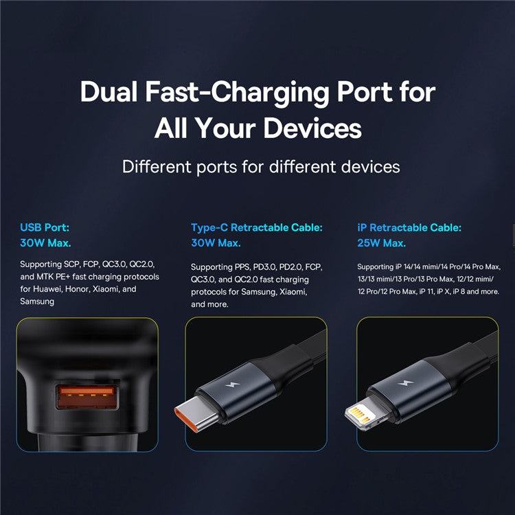 BASEUS Enjoyment Pro 60W Car Charger USB Port Adapter with Type-C + iP Retractable Cable - Black