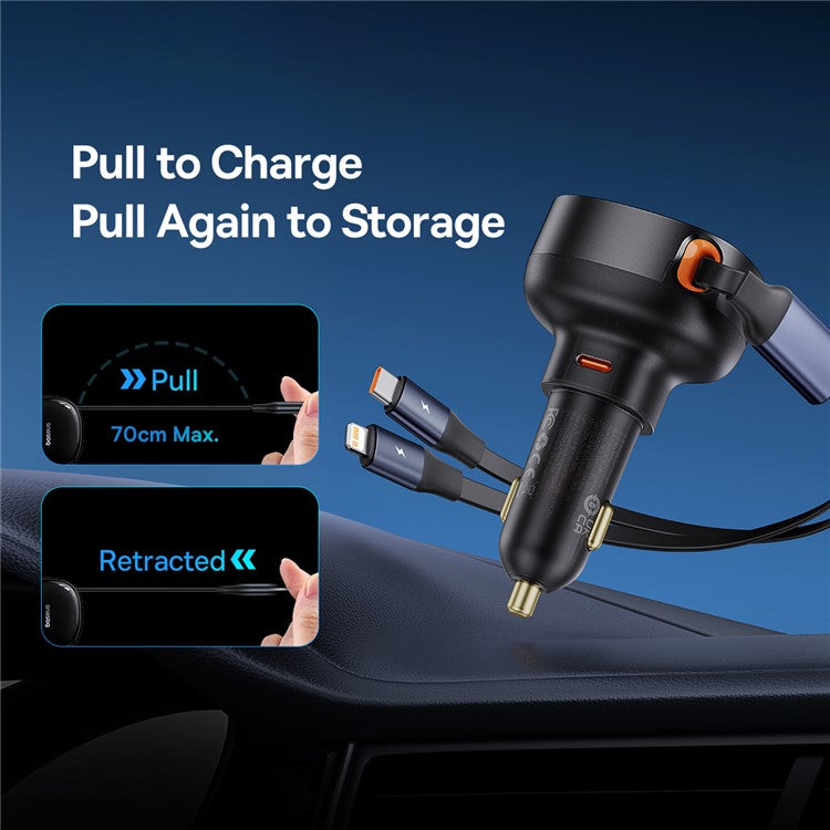 BASEUS Enjoyment Pro Car Charger Type-C Port Power Adapter with Type-C + iP Retractable Cable - Black