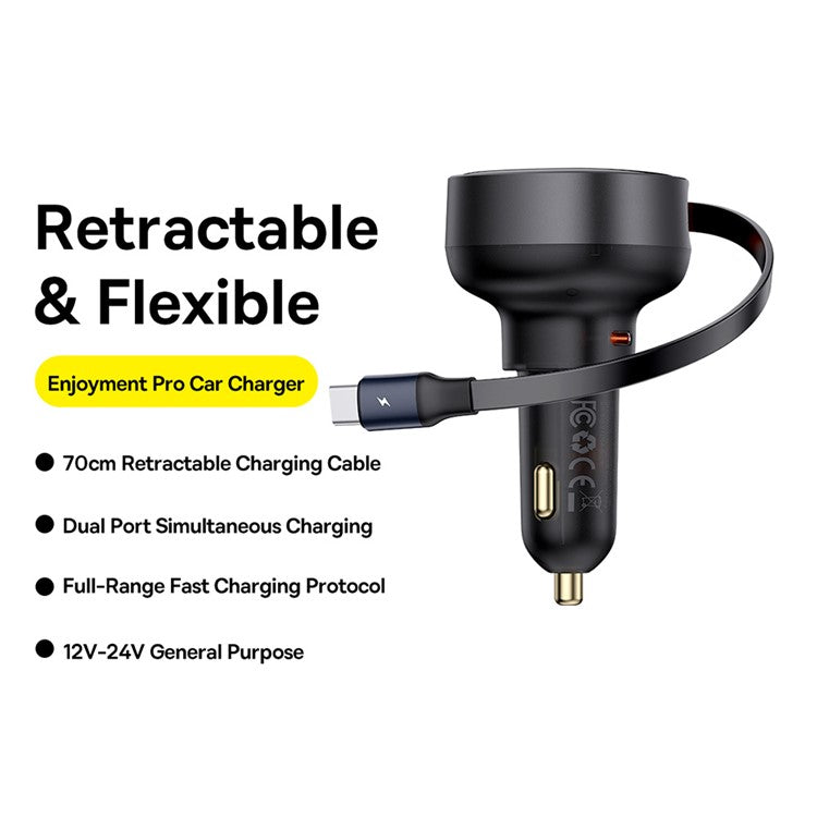 BASEUS Enjoyment Pro 60W Car Charger Type-C Port Power Adapter with Retractable Type-C Cable - Black