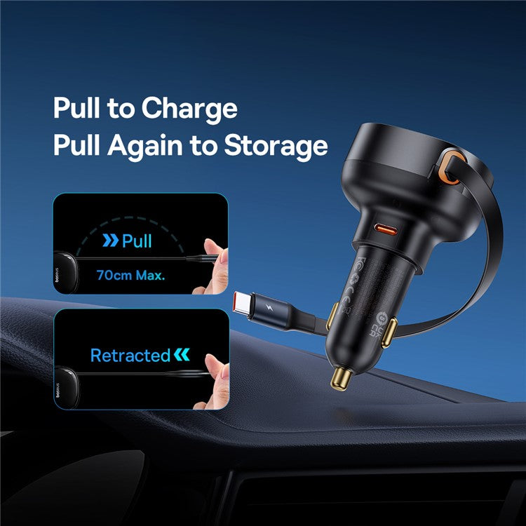 BASEUS Enjoyment Pro 60W Car Charger Type-C Port Power Adapter with Retractable Type-C Cable - Black