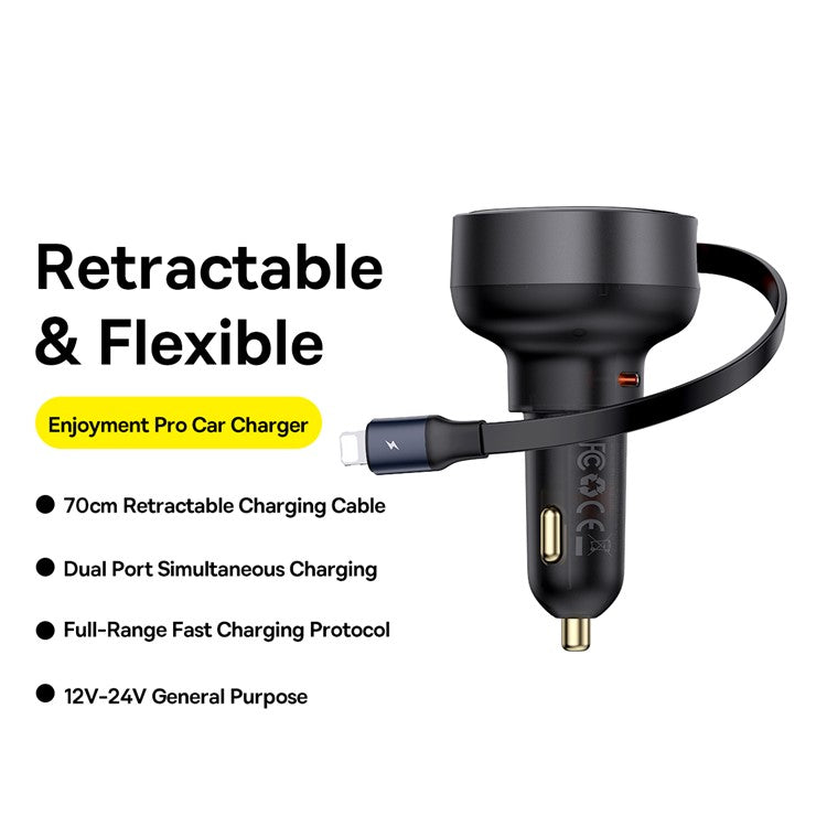 BASEUS Enjoyment Pro 55W Type-C Port Car Charger with Built-in Retractable iP Cable - Black