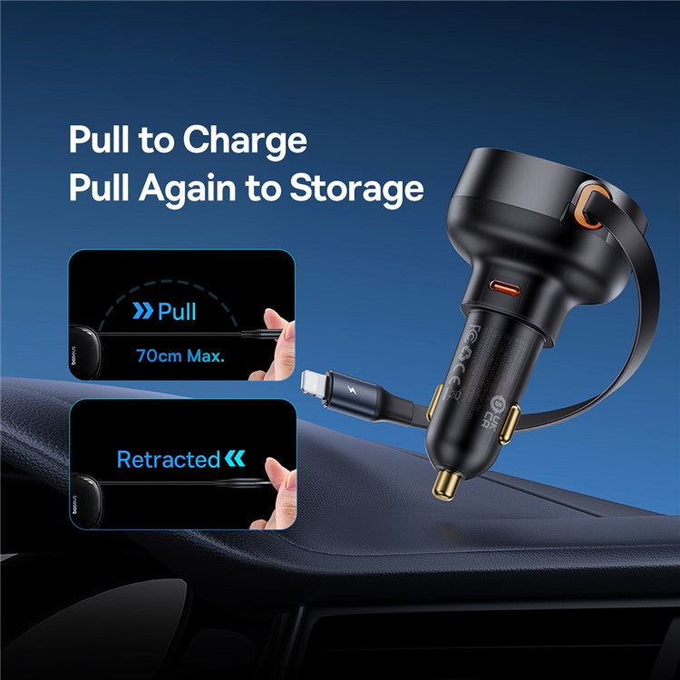 BASEUS Enjoyment Pro 55W Type-C Port Car Charger with Built-in Retractable iP Cable - Black