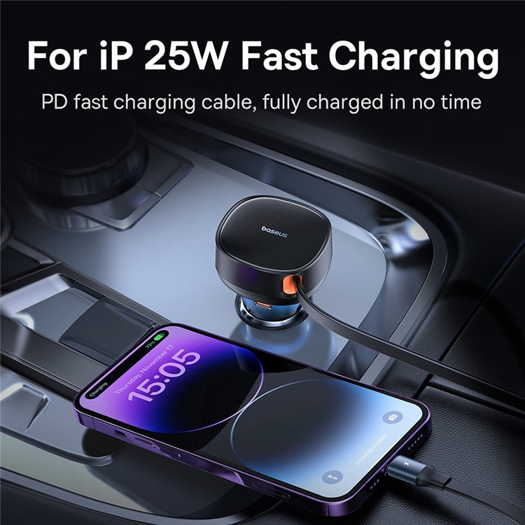 BASEUS Enjoyment Pro 55W Type-C Port Car Charger with Built-in Retractable iP Cable - Black