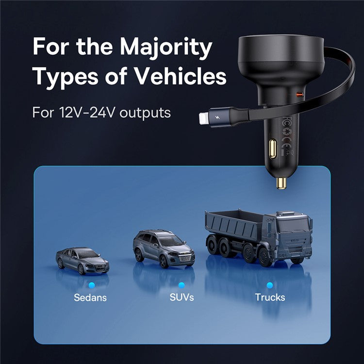 BASEUS Enjoyment Pro 55W Type-C Port Car Charger with Built-in Retractable iP Cable - Black