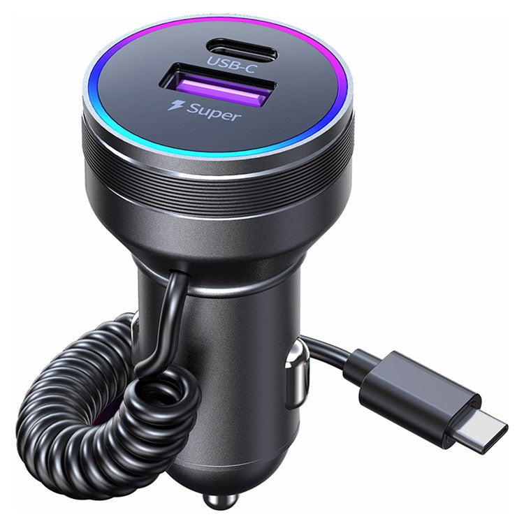 K16B RGB Light 12-24V Car Charger Adapter with PD 30W Type C Spring Cable